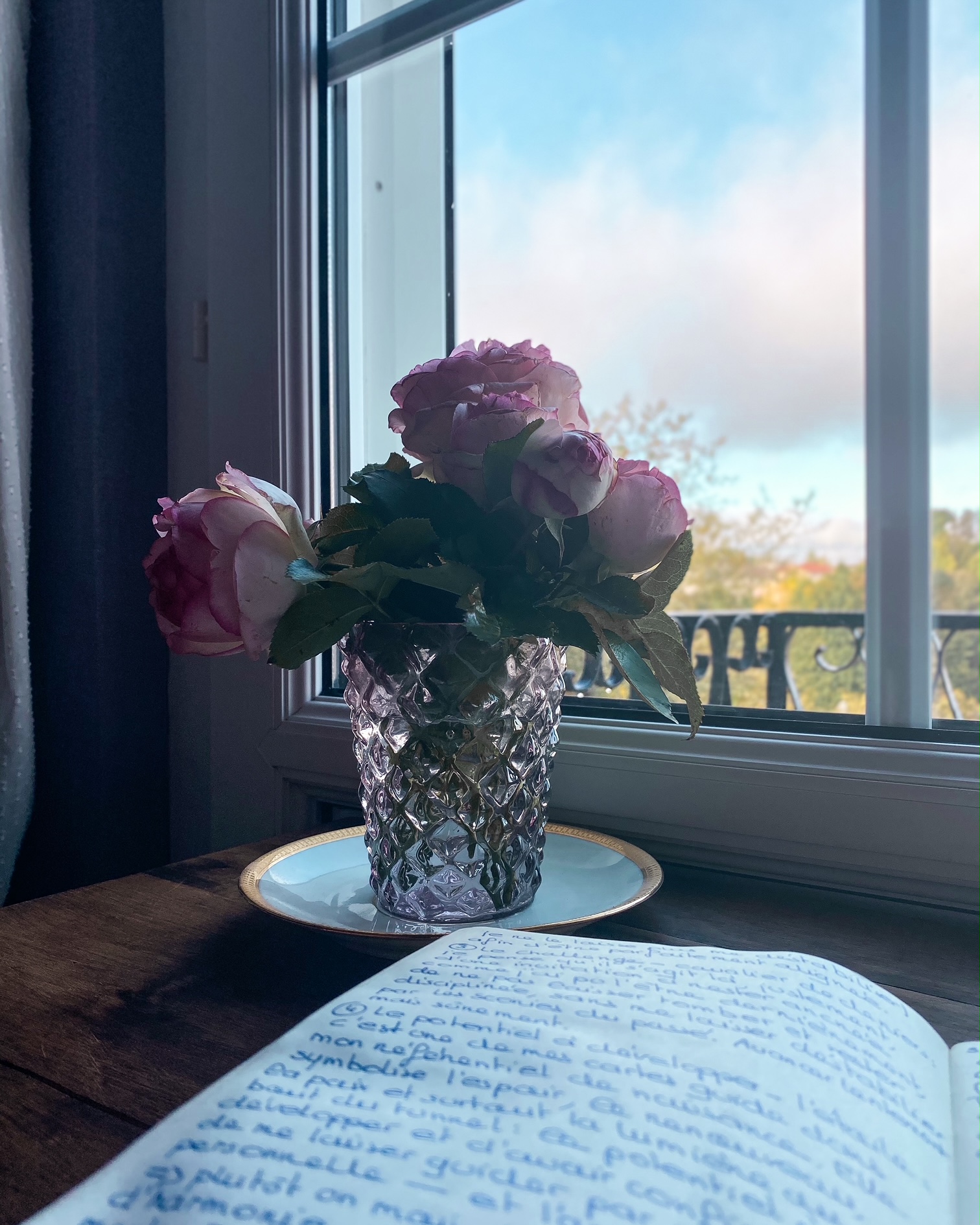 Un carnet ouvert, un bouquet de roses sur une table devant une fenêtre